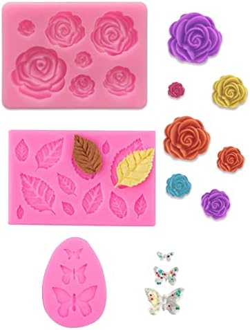 3PCS Rose Butterfly Leaf Silicone Mold Small Soap Clay Fimo Chocolate Sugarcraft Baking Tool DIY Cake Silicone Mold for Baby Shower Party Birthday Party Cake Decoration
