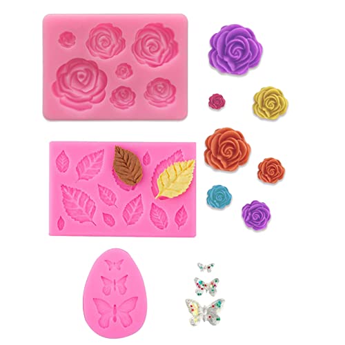 3Pcs Rose Butterfly Leaf Silicone Mold Small Soap Clay Fimo Chocolate Sugarcraft Baking Tool Diy Cake Silicone Mold For Baby Shower Party Birthday Party Cake Decoration #TOP1