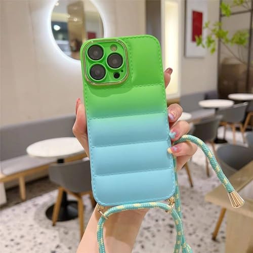 Étui iPhone 11 silicone doudoune collier sangle lanière antichoc vert bleu