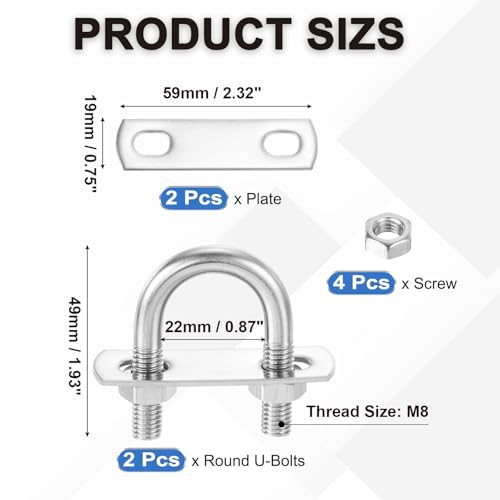 Image of PATIKIL Round U-Bolts, 2 Pcs 0.87 inch(22mm) Inner Width 49mm Length M8 with Nut Plate Washer 304 Stainless Steel Round Bend U-Bolts for Boat Trailer Axle Sailboat