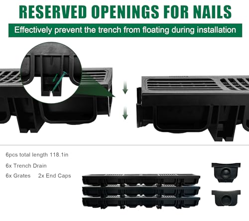 Natotela B Class Driveway Channel Drain with HDPE Grate-19.7Lx5.5Wx3.9H in. Shallow Profile Trench Drain System,6 Pack Total Length 118.2in,Heavy Duty Trench Drain for Garage,Parking Lot,Concrete by Natotela - Image 6