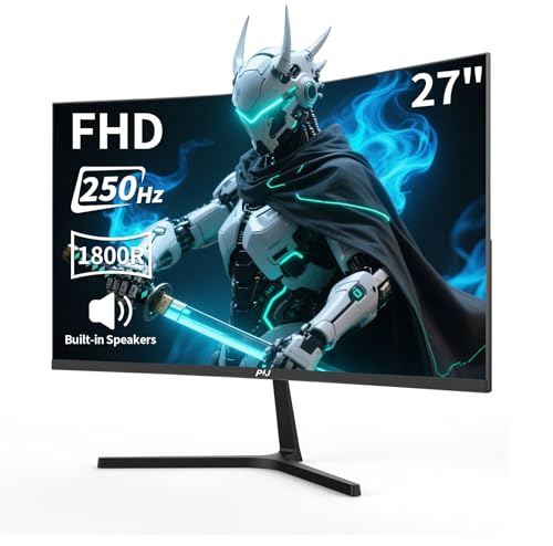 Image of PIJ 27 Inch Curved Gaming Monitor 250Hz, FHD 1080p PC Screen Built-in Speakers, 1800R Computer Monitor with FreeSync, DisplayPort, HDMI, Wall Mountable, Eye Care for Home Office & Gaming