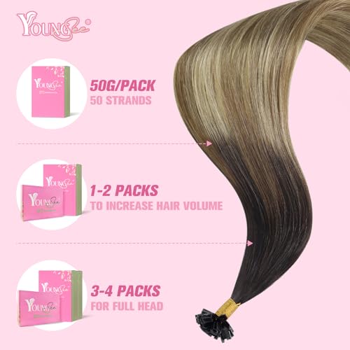 Image of YoungSee K Tip Human Hair Extensions Balayage Ktip Hair Extensions Human Hair Brown with Blonde Balayage Long 24In 50s /50g