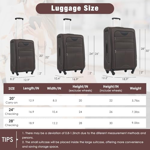 Softside Expandable 3 Piece Luggage Set with Duffel Bag Upright Spinner Lightweight Travel Suitcase Softshell Luggage Sets for Trips (Brown + Polyester)2