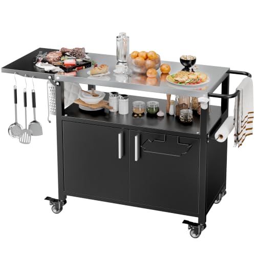 JY QAQA Outdoor Grill Cart with Storage Patio Kitchen Island Outdoor Grill Table with Wheels BBQ Cart Movable Pizza Oven Table Stand Storage Cabinet Foldable Tabletop (Black)