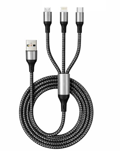 Image of Universal 3-in-1 65W Multi Fast Charging Cable - 5A Nylon Braided 4FT Cable with Type-C & Micro USB for iPhone, iPad, Samsung,OnePlus,Xiaomi, Oppo,Vivo,Android & Car Charging (Black)