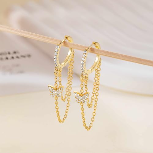 Gold Butterfly Earrings 14K Gold Hoop Earrings for Women Dangle Hoop Earring Tassel Chain and Cubic Zircon Wedding Butterfly Earring for Women4