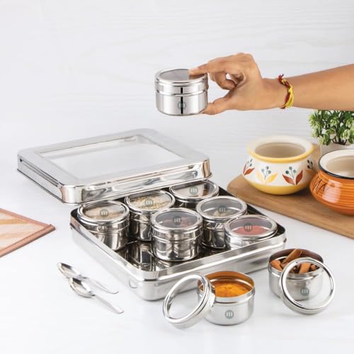 Image of Maru Steel 9-In-1 Masala Container for Kitchen with Heavy-Duty Square Box, Airtight & Durable 9 Storage containers with see-through lids 140ml each, Ideal for Spices, Herbs, Dry Fruits, Mukhwas & More
