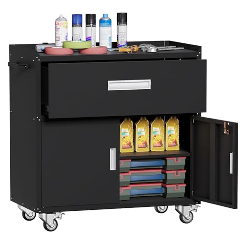 Washsemba Metal Garage Storage Cabinet with Wheels ,Rolling Toolbox with Lockable Drawer, Utility Cabinet for Home, Office, Garage and Workshop (Black)