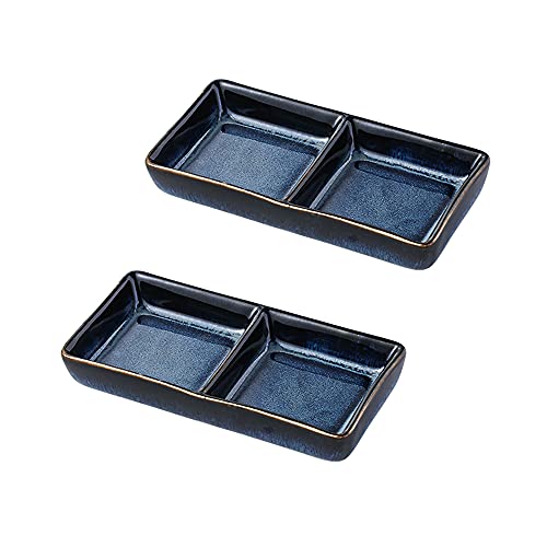 Ciotole per Immersione, Ciotole per Salsa, 2 Scomparti, rettangolari, in Porcellana, per contorni, Piatti per condimenti, Piatti per Salsa di soia (Blu)