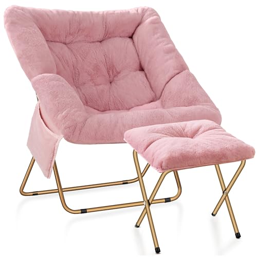 Osumlee Comfy Saucer Chair for Adults, Foldable Living Room Chairs, Soft Faux Fur Lounge Chair for Bedroom, Reading Chairs, X-Large (Ottoman-Pink)