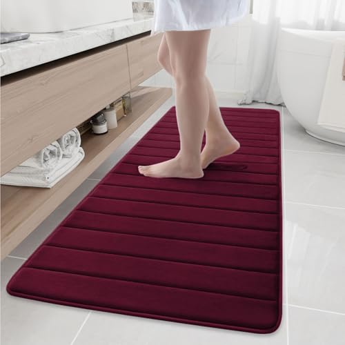 Image of Memory Foam Soft Bath Mats - Non Slip Absorbent Bathroom Rugs Extra Large Size Runner Long Mat for Kitchen Bathroom Floors 24 inchx70 inch, Wine Red