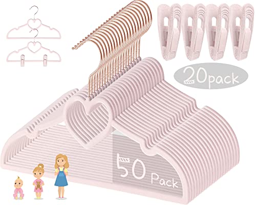 Image of Pink Heart Velvet Baby Hangers - 50pack 13inch Toddler Hangers with 20pcs Clips, Premium Velvet Strong and Durable Baby Clothes Hangers Without Slipping, Ultra Slim and Stackable Space Saving