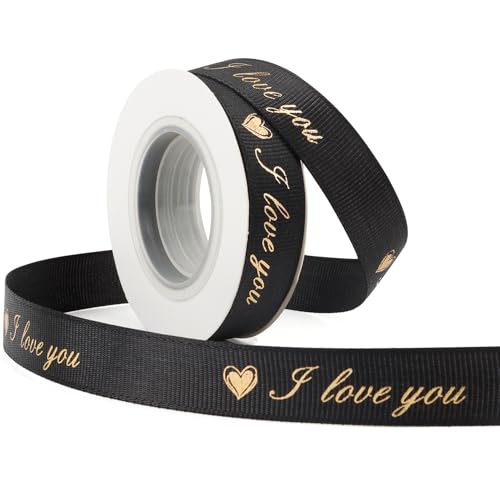 Valentines Ribbon for Flower Bouquet 5/8 Inch 10 Yards I Love You Ribbon for Gift Wrapping Grosgrain Ribbons Black I Love You Wedding Ribbons for Valentines Day Bows DIY Cake Decorations