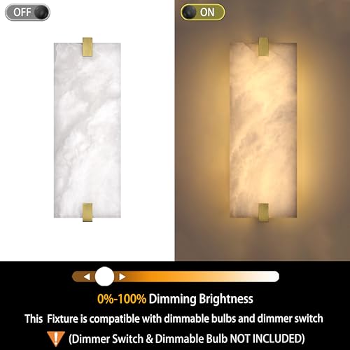 Image of 13.7 inch Natural Square Alabaster Marble Modern Concise 2 Pack 2 Light Wall Sconce Fixture,Brushed Bronze Finish for Bathroom Bedroom Hallway Bedside Staircase Vanity Mirror