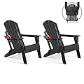 FUNBERRY Folding Adirondack Chair Set of 2, All Weather HDPE Fire Pit Chairs with Cup Holder for Outdoor