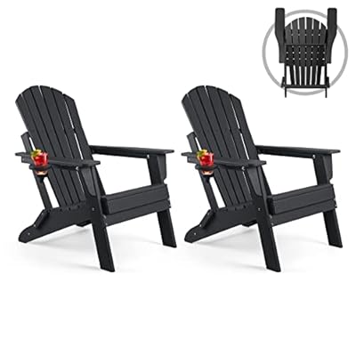 FUNBERRY Folding Adirondack Chair Set of 2, All Weather HDPE Fire Pit Chairs with Cup Holder for Outdoor
