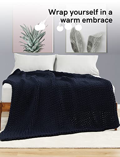 YnM Cotton Weighted Blanket, Handmade Chunky Knitted Design, Soft and Cozy, Temperature Regulating and Breathable, Machine Washable Throw for Sleep or Home Decor (Navy Blue, 50x60 Inch, 15lbs)