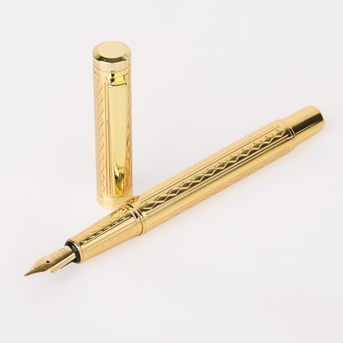 Image of 20818 Glossy Fountain Pen Golden Self Designer Metal Body Golden Crafted Clip with Ink Converter Pen for Student, Executives with High End Gift Box. (FINE NIB)