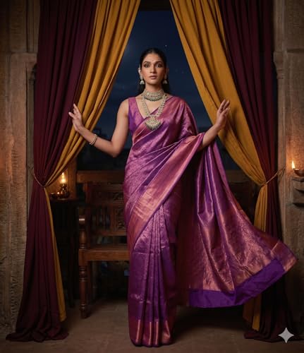 Image of Flosive Elegant Purple Banarasi Saree with Gold Zari Border & Designer Pallu