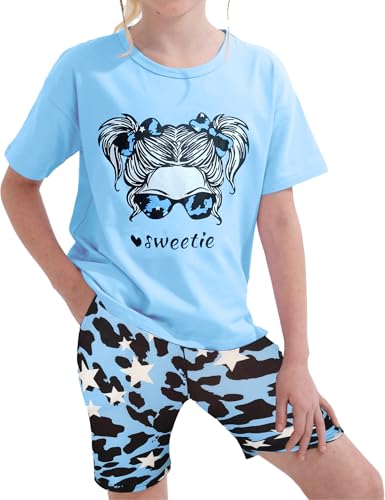 Image of mksodopy Girls Summer Clothse Graphic Print Front and Back High and Low Irregular T-shirt Cycling Shorts Set