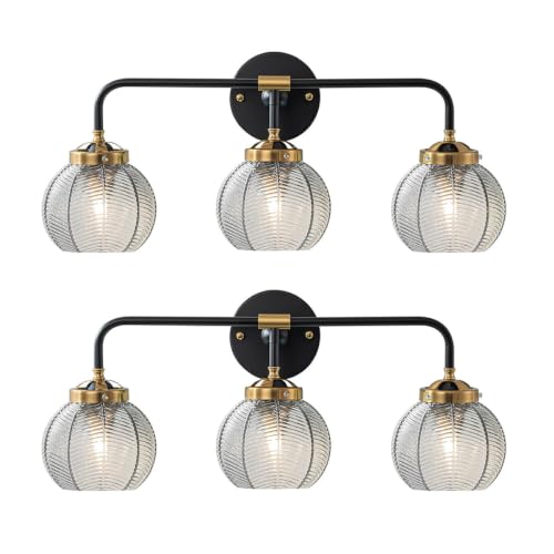 Image of 2-Pack Vintage Bathroom Light Fixture 3-Lamp Smoky Gray Glass Shade