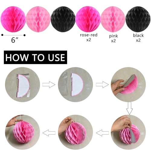 Image of Black & Pink Birthday Party Decorations - Happy Birthday Banner, Honeycomb Balls, Star Swirls, Circle Dots, Triangle Flags Bunting