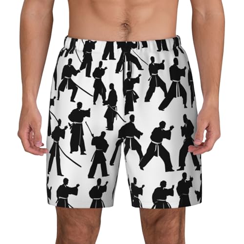 Silhouettes of Martial Arts Mens Double Polyester Swimsuit Trunks Swim Shorts with Compression Liner and Patch Pocket.