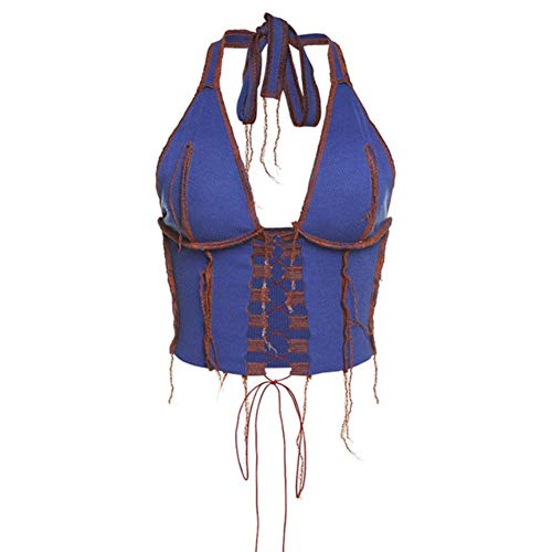 UKKD Camisole Débardeurs Halter sans Manches Sexy Hollow Out Bandage Crop Tops Backless Girl Gilet Esthétique Gilet-Deep Blue,M Cover