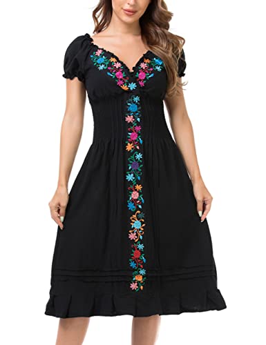 YZXDORWJ Women Mexican Embroidered Casual Dress Summer Ruffle V Neck Short Sleeves4