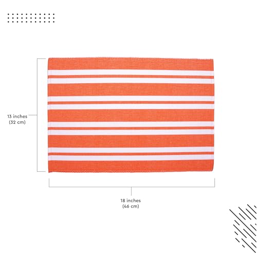 Image of Encasa XO Dining Table Mats Set of 6, 46x32 cm | Handmade Franca Orange Stripes Ribbed Cotton Table Mat | Heat-Resistance Table Placemats, Non-Slip, Washable & Durable Place mat for Dining Table