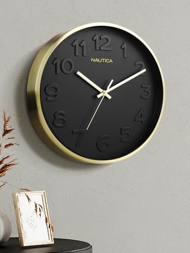 Image of Nautica Premium Metal Modern Wall Clock with Quartz Silent Sweep Technology -1pc Size (Real) | 12 inch | Ideal for Home, Living Room, Bedroom & Office - 3D dial-Black /Gold