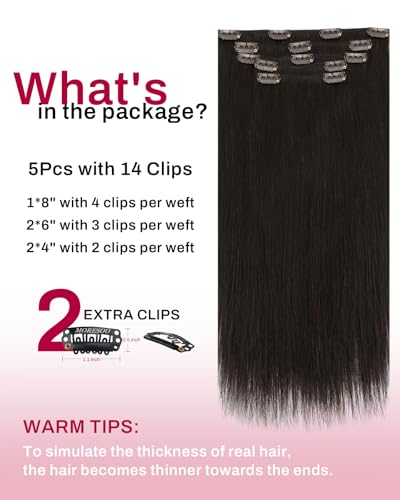 Image of Moresoo Brown Clip in Hair Extensions Real Human Hair Double Weft Human Hair Clip in Extensions Straight Dark Brown #2 5pcs 80g 16inch