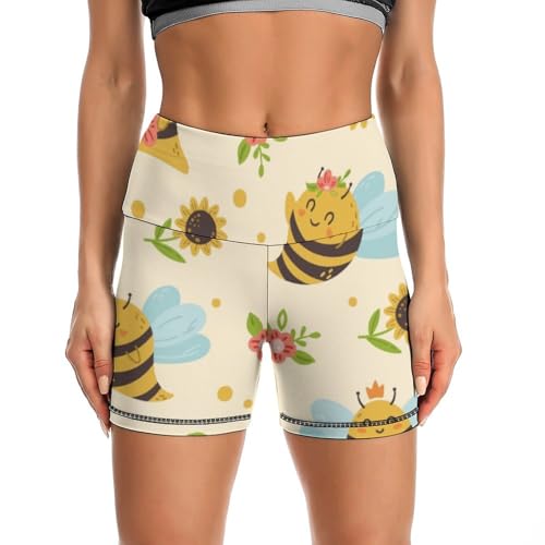 JYYAU Cute Bee and Sunflower Pattern High Waist Yoga Shorts for Women Athletic Shorts Leggings Running Pants Black