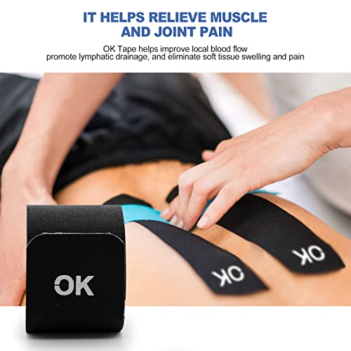 Ok Tape Kinesiology Tape (2In X 16.4Ft Precut Roll) - Original Cotton Elastic Premium Athletic Tape For Knee Pain, Elbow & Shoulder Muscle - Perfect For Any Activity - Black #TOP3