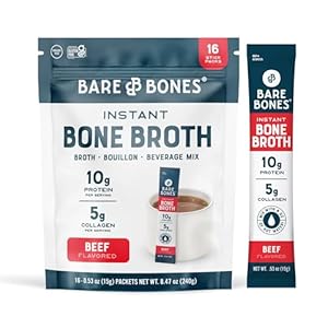 Bare Bones Beef Bone Broth Instant Powdered Mix | Rich Savory Packets on-the-Go No Artificial Flavors | 100% Grass Fed Keto & Paleo Friendly | 10g Protein | 16 Pack