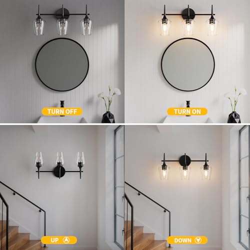 Image of Black Vanity Light 3-Light Modern Farmhouse Bathroom Light Fixture with Wine Glass Shades for 24 Inch Mirror, Wall Sconce for Hallway Bedroom