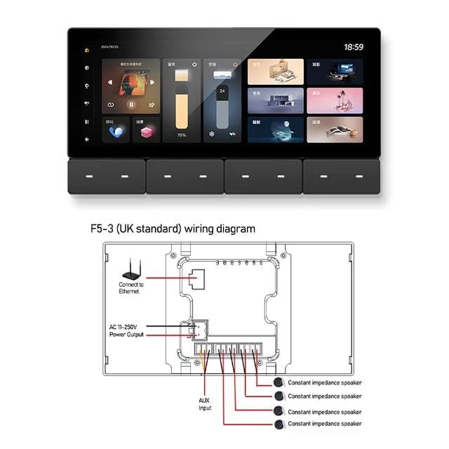 Smart Home Lighting Control Panel, Touch Screen Interface, Multi-Room Scene Control, Dimmable LED Settings, Digital Display 6.2 Inch Smart Control (Bundle: F5-3 UK 4 SPK White)