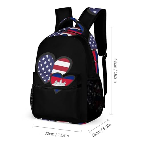 Interlocking Hearts U.S.A. Cambodia Flag Funny Backpack Set Lunch Bag Pencil Case Makeup Bag 3 in 1 for Men Women Travel2