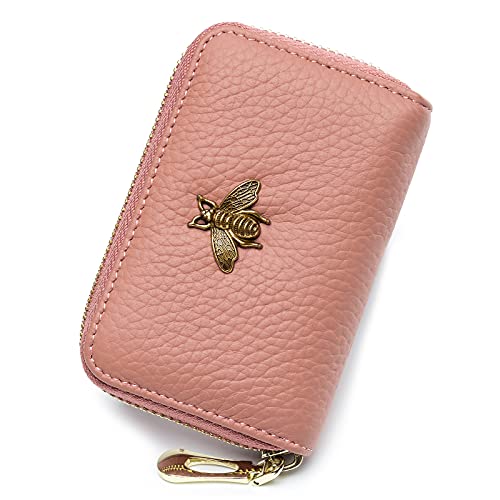 imeetu RFID Credit Card Holder, Small Leather Zipper Card Case Wallet for Women (Lite,Coral Pink)