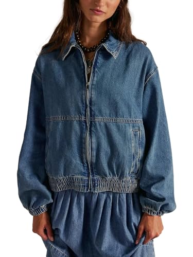 Women Long Sleeve Denim Jacket Oversized Zipper Collared Fall Classic Jean Tops Coats