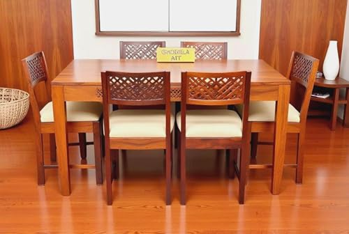 Image of Sheesham Wood Oval Dining Table with Cushion Chairs Set for Home Hall | Solid Wood Dinner Table with Chairs for Hotels | Dining Room Sets (Honey Teak Finish, 6 Seater)