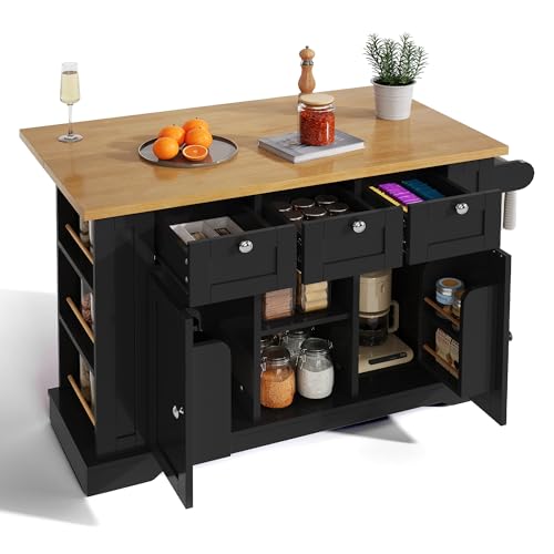 staronce Isla de cocina con enchufe integrado y USB, encimera extensible estilo rústico, carrito de cocina con ruedas, color negro, con 3 cajones, 132 x 40 (70) x 87 cm