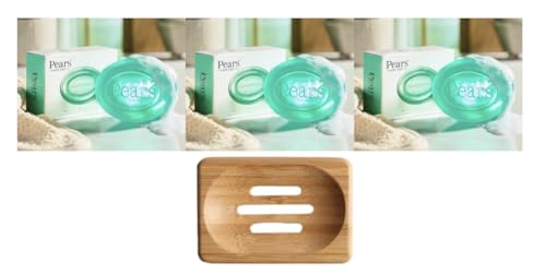Pears Pure & Gentle Transparent Soap Bar 3x125 g (Lemon Extracts) + Dr Cosi Natural Wooden Bamboo Soap Dish Storage Holder (Set of 4)