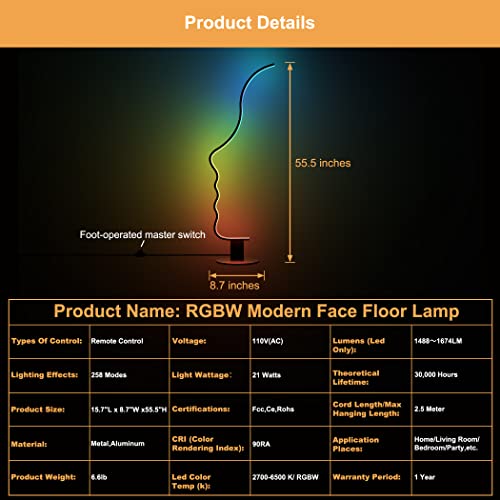 Rgbw Modern Face Floor Lamp For Bedroom Living Room, 55.5 Inches High Unique Standing Reading Dimmable Black Led Floor Lamp With Remote, Cool Ambient Lighting Changing Curved Floor Lamp #TOP3