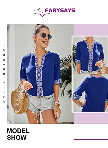FARYSAYS blusa feminina de verão Boho bordada gola V manga curta casual blusa solta, W-blue, XX-Larg
