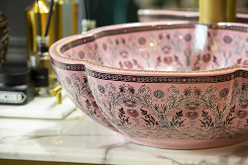 Bathroom Vessel Sink Bowl Pink Flower Shape Porcelain Above Counter Vanity Top Sink for Bar And Smal