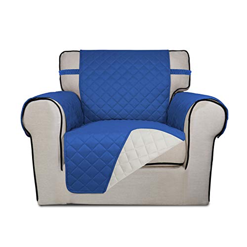 Image of PureFit Reversible Quilted Sofa Cover, Water Resistant Slipcover Furniture Protector, Washable Couch Cover with Non Slip Foam and Elastic Straps for Kids, Pets (Chair, Classic Blue /Ivory), Small