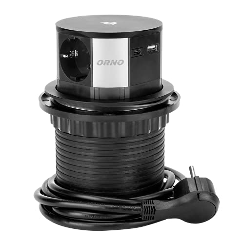 ORNO GM-9017(GS) Regleta para Muebles extraíble de Ø10cm con Cargador inductivo y USB - Cable de 1,5m