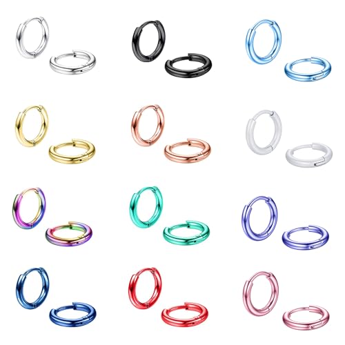 ORAIZO 12Pairs 316L Surgical Stainless Steel Small Hoop Earrings for Men Women Hypoallergenic Huggie Hoops Cartilage Helix Tragus Lobes Hinged Sleeper Hoop Earrings Set 18G 6mm/8mm/10mm/12mm/14mm